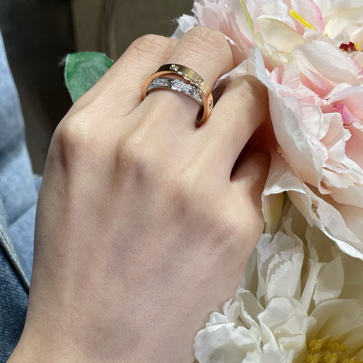 [Okajuri Jewelry] LOVE PINK GOLD SILVER DIAMOND DOUBLE RING