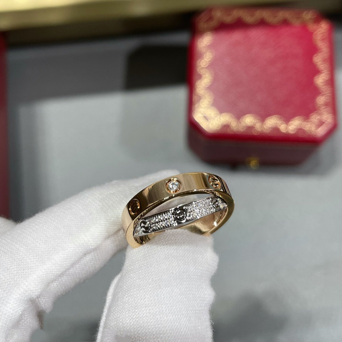 [Okajuri Jewelry] LOVE PINK GOLD SILVER DIAMOND DOUBLE RING