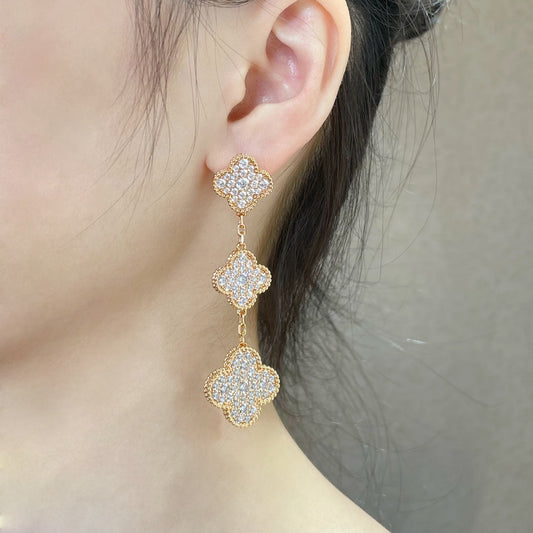 [Okajuri Jewelry]CLOVER 3 MOTIFS DIAMOND PAVED ROSE GOLD EARRINGS