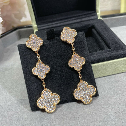 [Okajuri Jewelry]CLOVER 3 MOTIFS DIAMOND PAVED ROSE GOLD EARRINGS