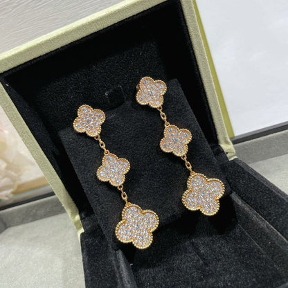 [Okajuri Jewelry]CLOVER 3 MOTIFS DIAMOND PAVED ROSE GOLD EARRINGS