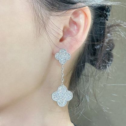 [Okajuri Jewelry]CLOVER 2 MOTIFS DIAMOND PAVED SILVER EARRINGS