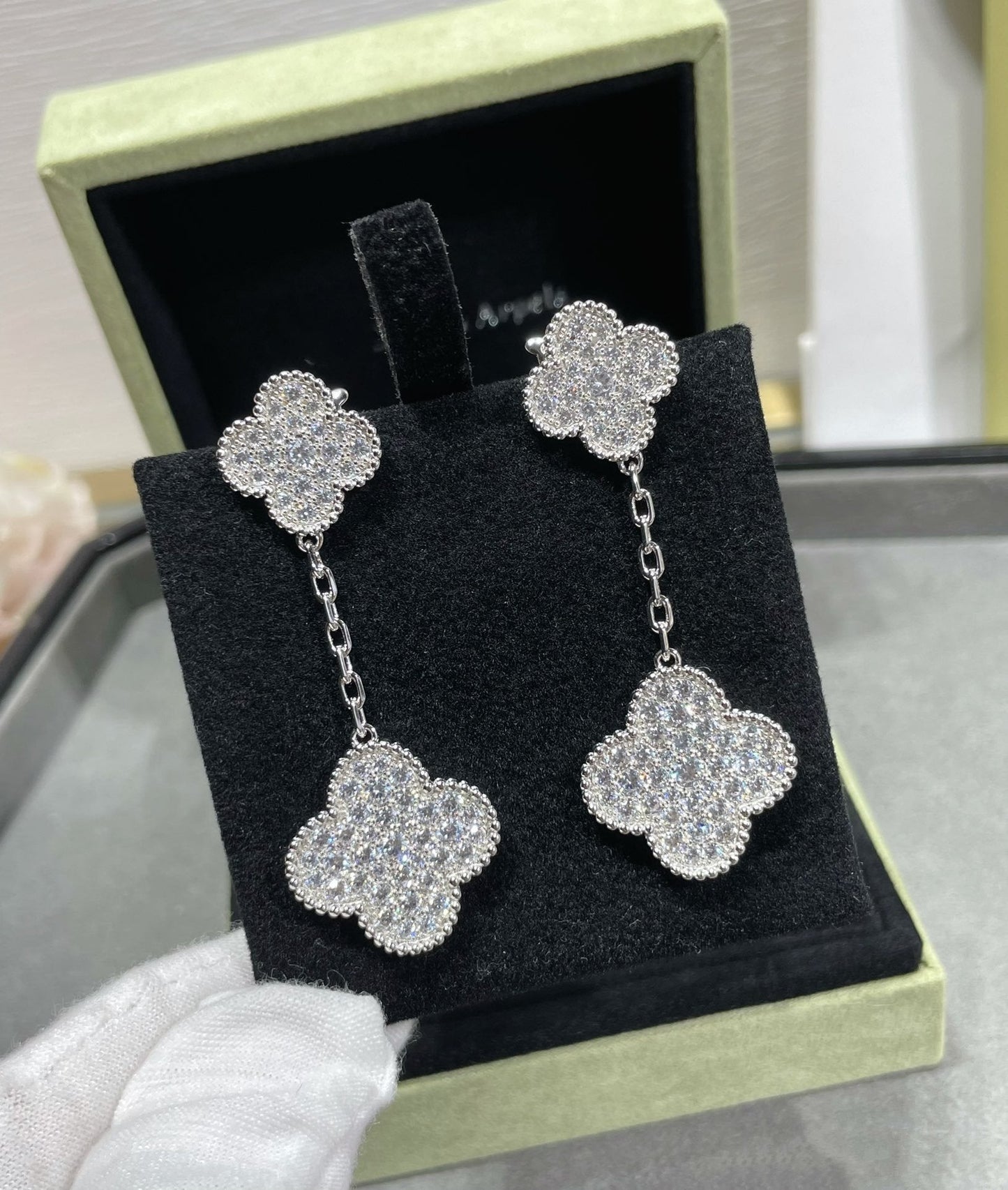 [Okajuri Jewelry]CLOVER 2 MOTIFS DIAMOND PAVED SILVER EARRINGS