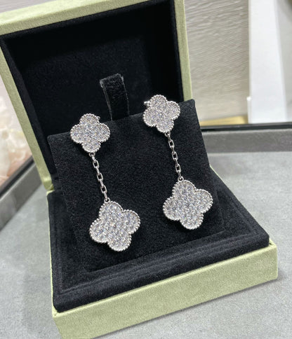 [Okajuri Jewelry]CLOVER 2 MOTIFS DIAMOND PAVED SILVER EARRINGS
