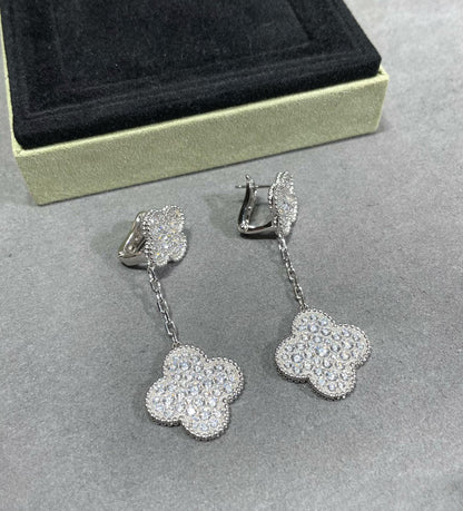 [Okajuri Jewelry]CLOVER 2 MOTIFS DIAMOND PAVED SILVER EARRINGS
