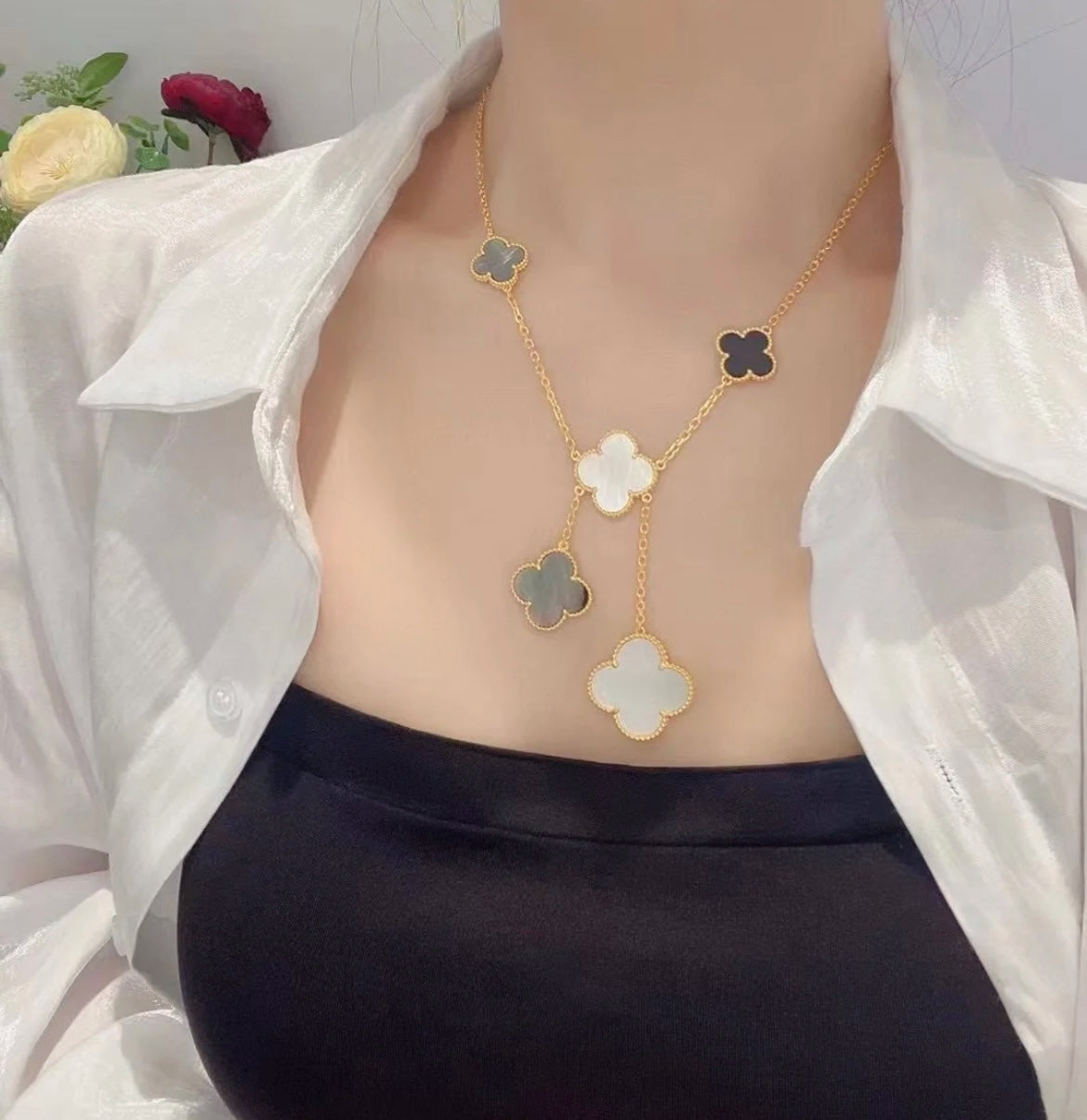 [Okajuri Jewelry]CLOVER 6 MOTIF MOP ONYX GOLD NECKLACE