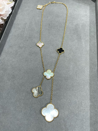[Okajuri Jewelry]CLOVER 6 MOTIF MOP ONYX GOLD NECKLACE