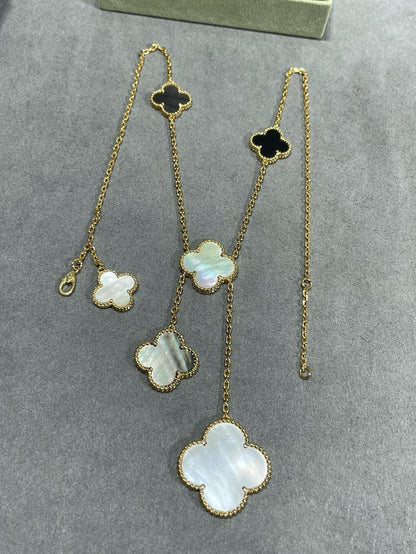 [Okajuri Jewelry]CLOVER 6 MOTIF MOP ONYX GOLD NECKLACE