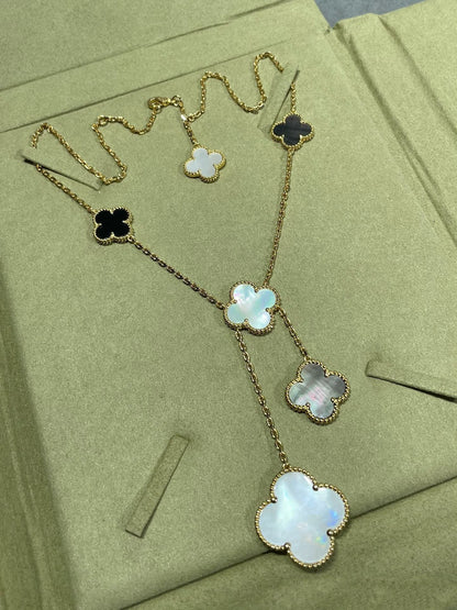 [Okajuri Jewelry]CLOVER 6 MOTIF MOP ONYX GOLD NECKLACE