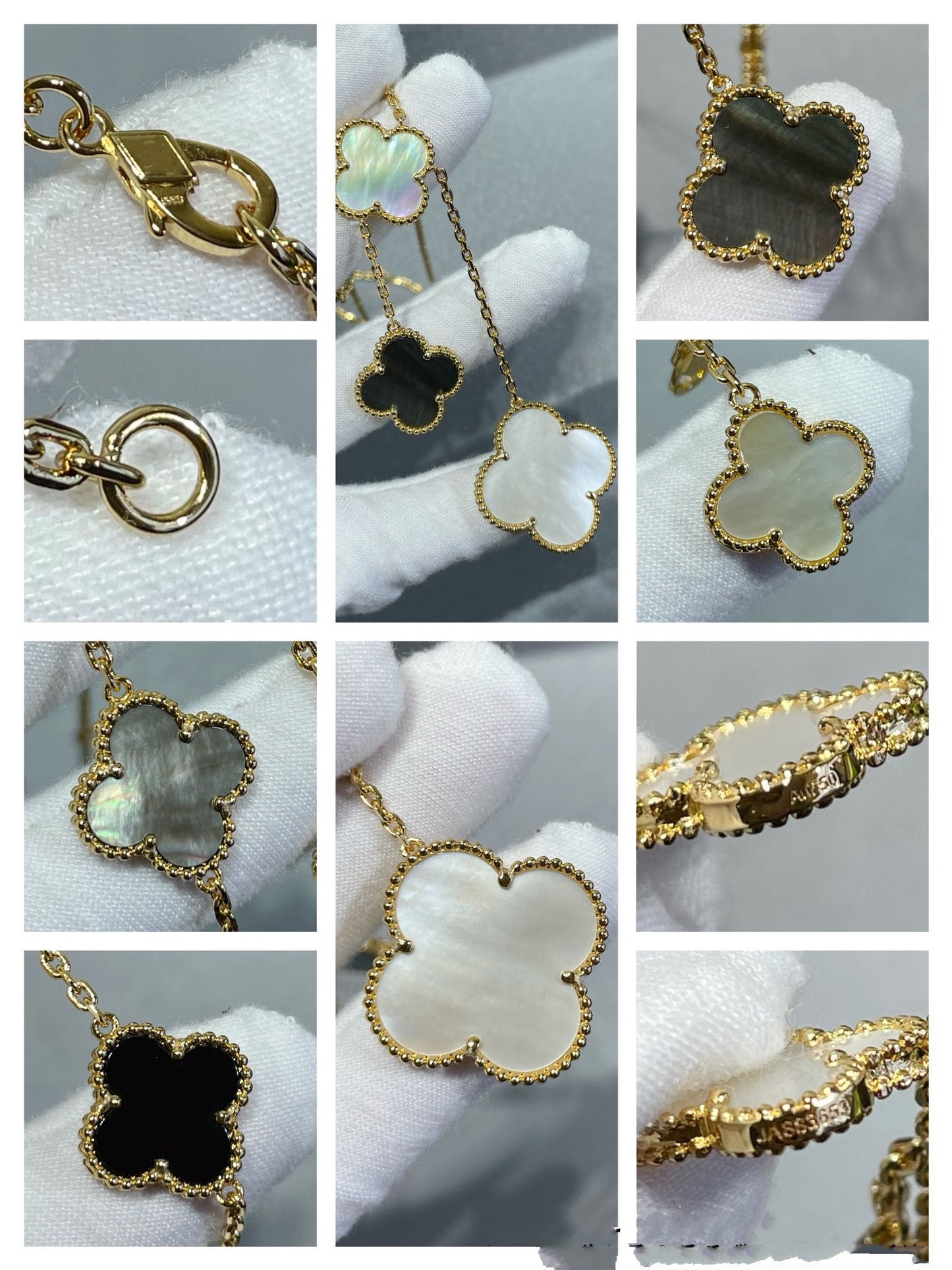 [Okajuri Jewelry]CLOVER 6 MOTIF MOP ONYX GOLD NECKLACE