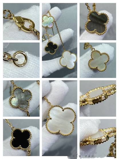 [Okajuri Jewelry]CLOVER 6 MOTIF MOP ONYX GOLD NECKLACE