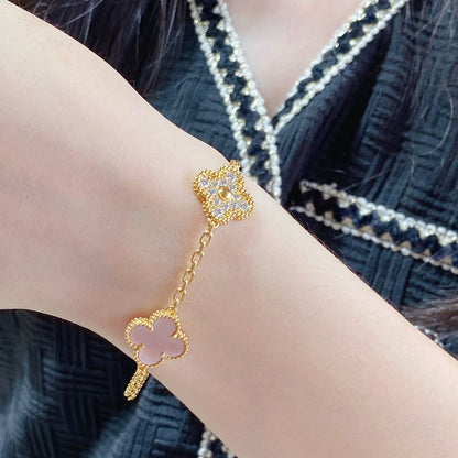 [Okajuri Jewelry]CLOVER 5 MOTIF DIAMOND PINK MOP PINK GOLD BRACELET