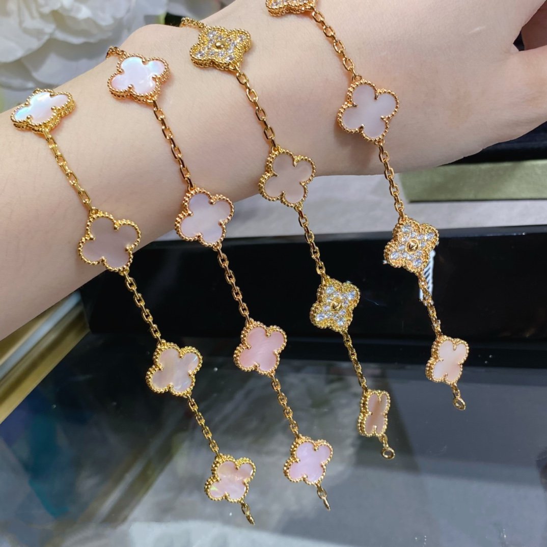 [Okajuri Jewelry]CLOVER 5 MOTIF DIAMOND PINK MOP PINK GOLD BRACELET