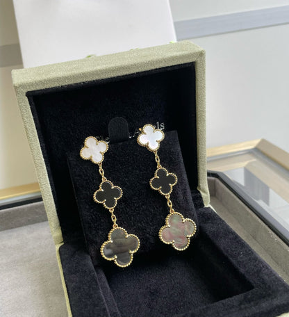 [Okajuri Jewelry]CLOVER 3 MOTIF MOP ONYX DARK MOP PINK GOLD EARRINGS