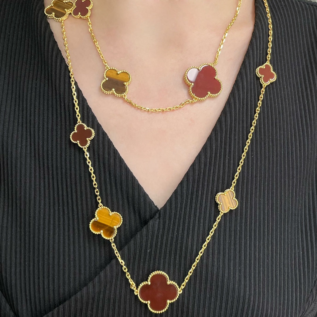 [Okajuri Jewelry]CLOVER 16 MOTIF CARNELIAN TIGER EYE ROSE GOLD NECKLACE