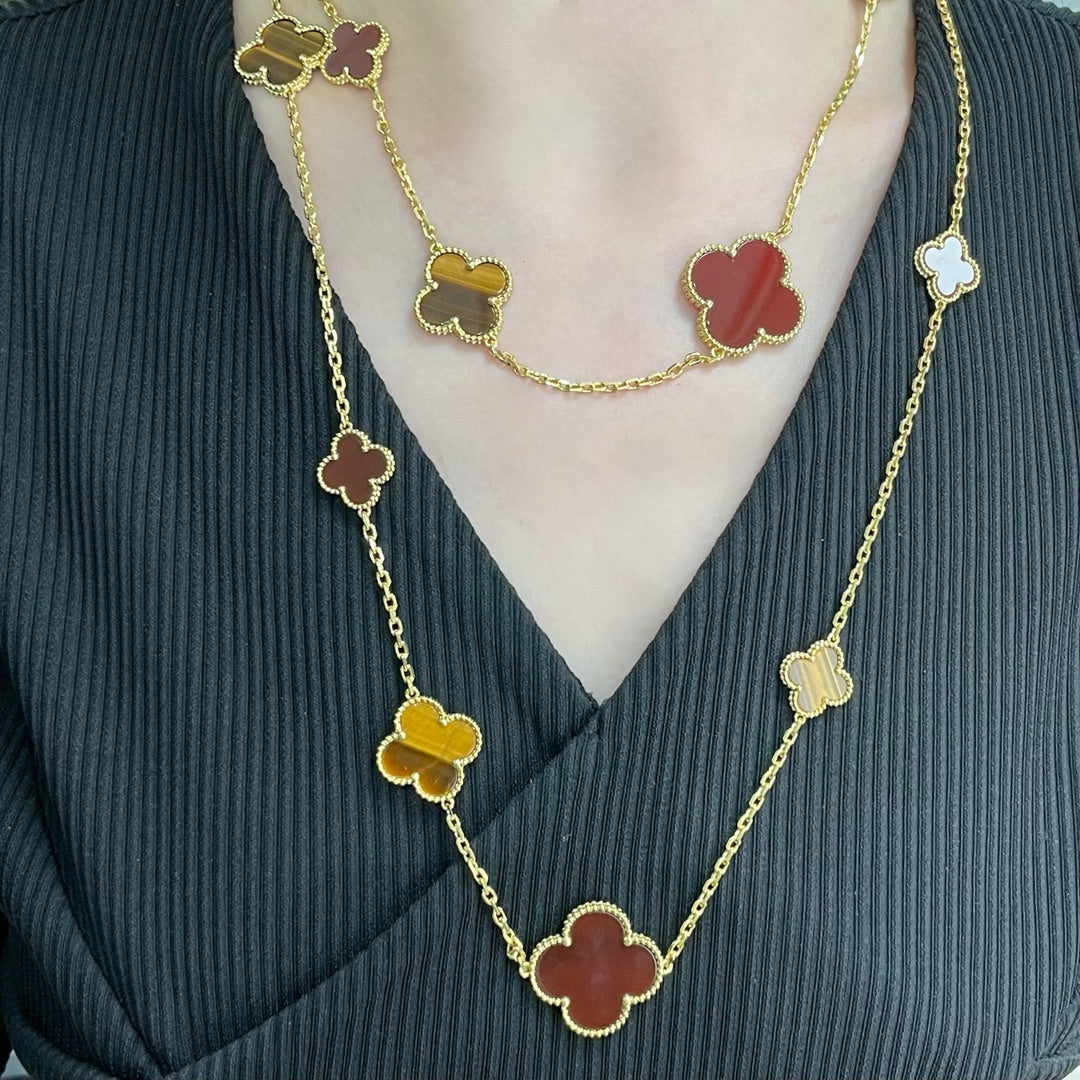 [Okajuri Jewelry]CLOVER 16 MOTIF CARNELIAN TIGER EYE ROSE GOLD NECKLACE