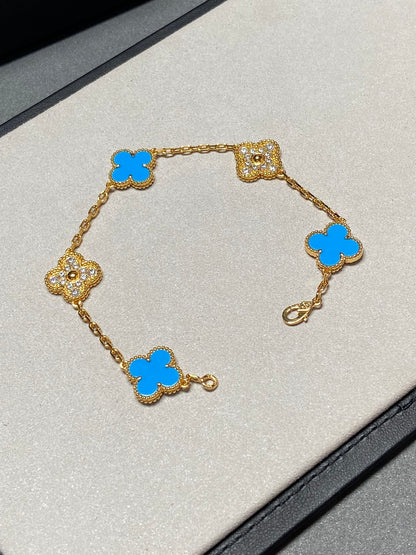 [Okajuri Jewelry]CLOVER 5 MOTIF BLUE CHALCEDONY DIAMOND GOLD BRACELET