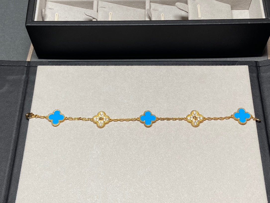 [Okajuri Jewelry]CLOVER 5 MOTIF BLUE CHALCEDONY DIAMOND GOLD BRACELET