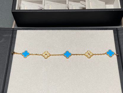 [Okajuri Jewelry]CLOVER 5 MOTIF BLUE CHALCEDONY DIAMOND GOLD BRACELET