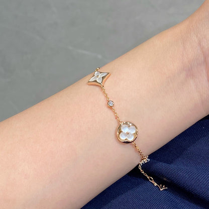 [Okajuri Jewelry]STAR AND SUN 4 MOTIF WHITE MOP PINK GOLD BRACELET