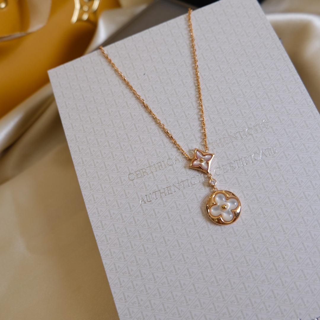 [Okajuri Jewelry]STAR AND SUN WHITE MOP 2 MOTIF PINK GOLD NECKLACE