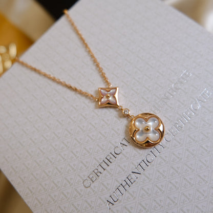 [Okajuri Jewelry]STAR AND SUN WHITE MOP 2 MOTIF PINK GOLD NECKLACE
