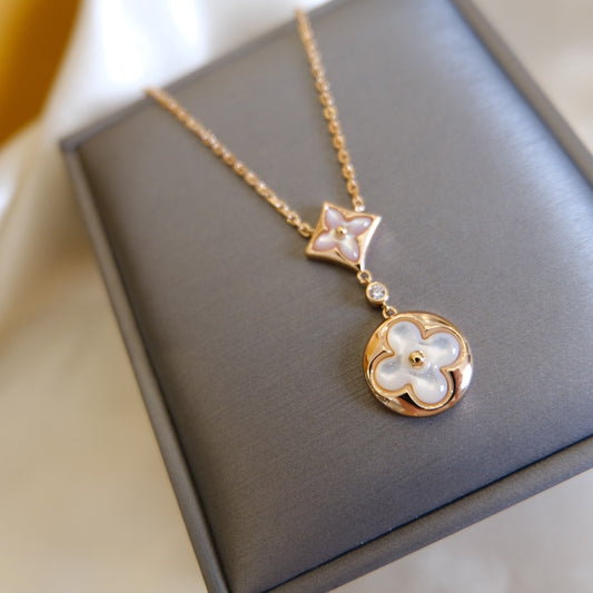 [Okajuri Jewelry]STAR AND SUN WHITE MOP 2 MOTIF PINK GOLD NECKLACE