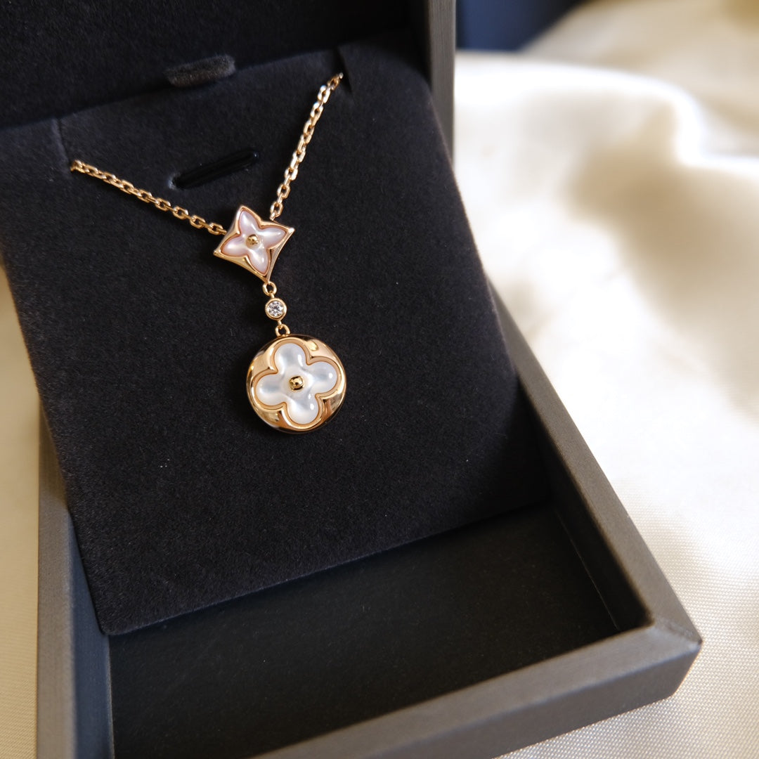 [Okajuri Jewelry]STAR AND SUN WHITE MOP 2 MOTIF PINK GOLD NECKLACE