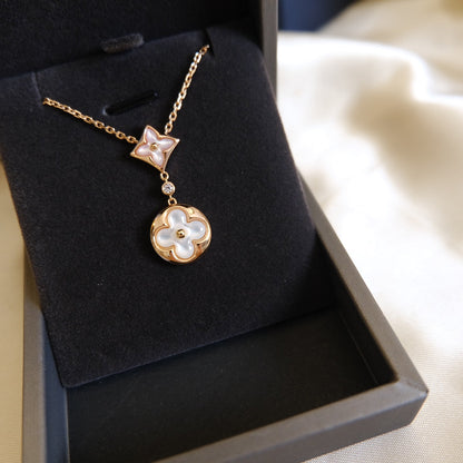 [Okajuri Jewelry]STAR AND SUN WHITE MOP 2 MOTIF PINK GOLD NECKLACE