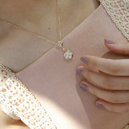 [Okajuri Jewelry]STAR AND SUN WHITE MOP 2 MOTIF PINK GOLD NECKLACE