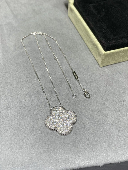 [Okajuri Jewelry]CLOVER 25MM LARGE PENDANT DIAMOND PAVED SILVER NECKLACE