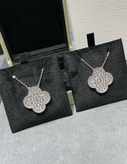 [Okajuri Jewelry]CLOVER 25MM LARGE PENDANT DIAMOND PAVED SILVER NECKLACE