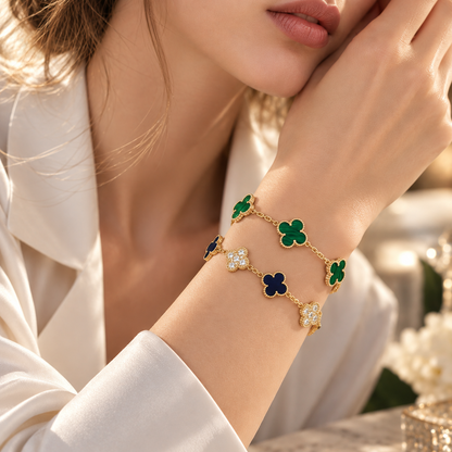 [Oakjuri™ Jewelry] ]Clover 5-Motif Malachite & Pietersite Bracelet Stack Set