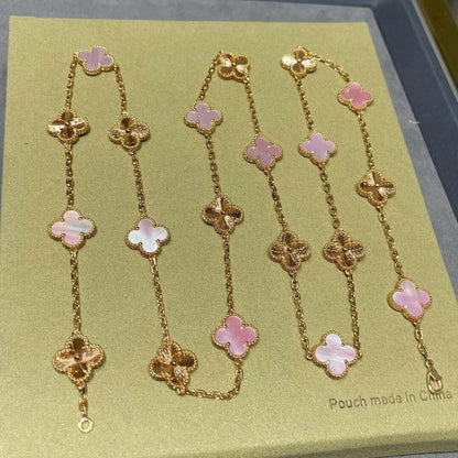 [Okajuri Jewelry]CLOVER 20 MOTIFS LASER PINK MOP NECKLACE