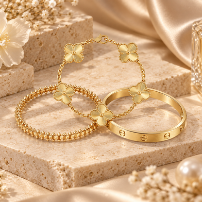 [Oakjuri™ Jewelry] ] CLASH & Clover Laser 5-Motif & LOVE Brushed Bracelet Stack Set
