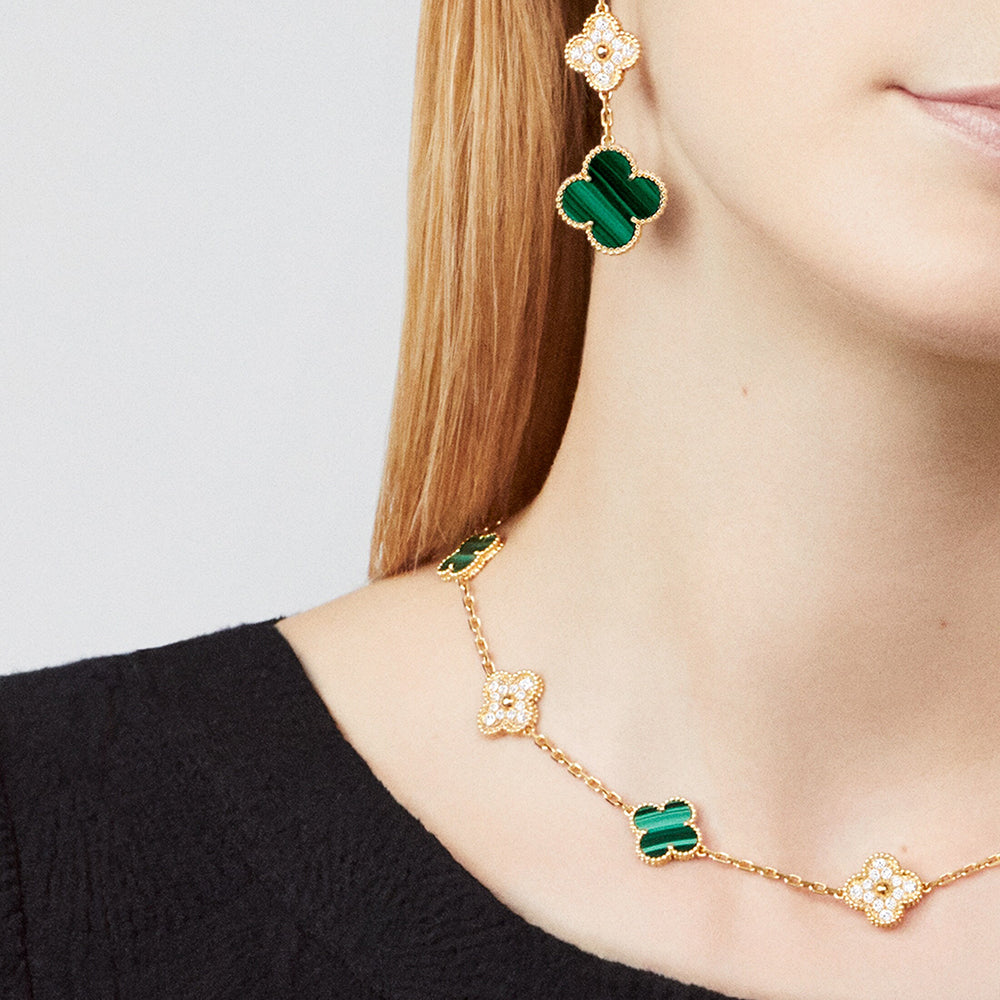 [Okajuri Jewelry]CLOVER 10 MOTIFS MALACHITE DIAMOND NECKLACE