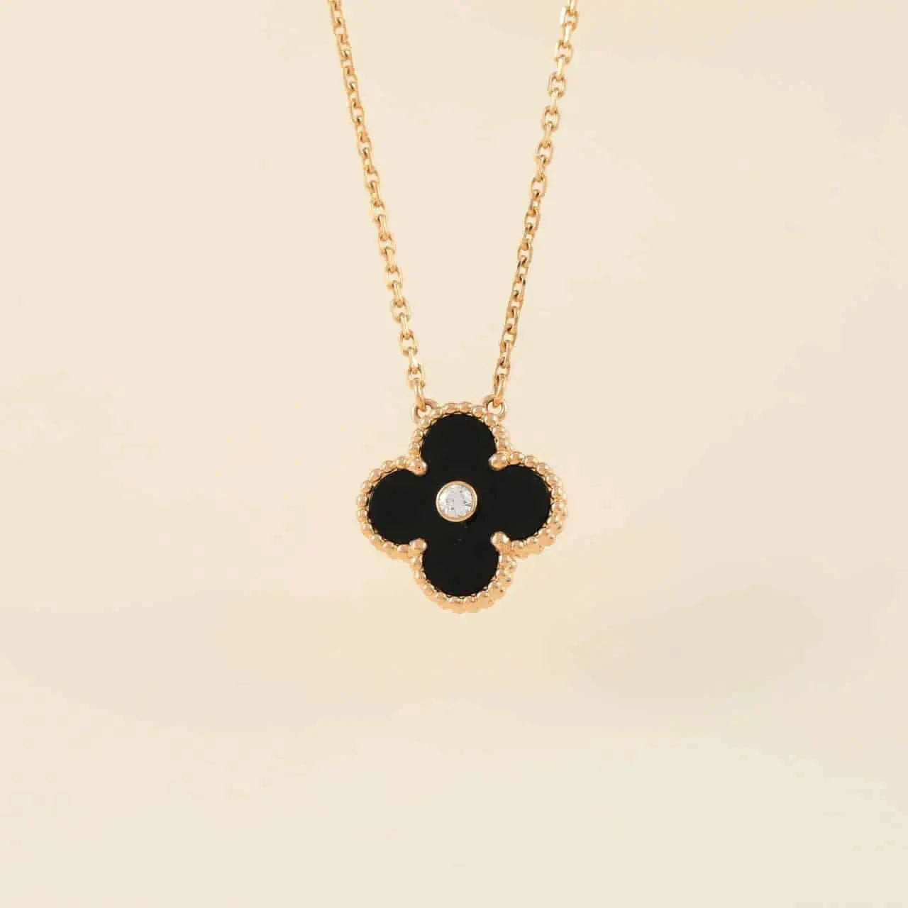 [Okajuri Jewelry]CLOVER 15MM DIAMOND ONYX NECKLACE