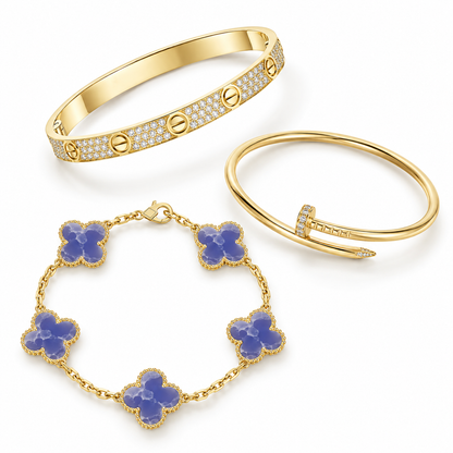 [Oakjuri™ Jewelry] ] LOVE & JUSTE & Blue Veins Clover 5-Motif Diamond Bracelet Stack Set