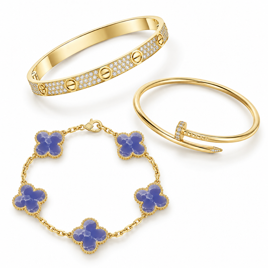 [Oakjuri™ Jewelry] ] LOVE & JUSTE & Blue Veins Clover 5-Motif Diamond Bracelet Stack Set