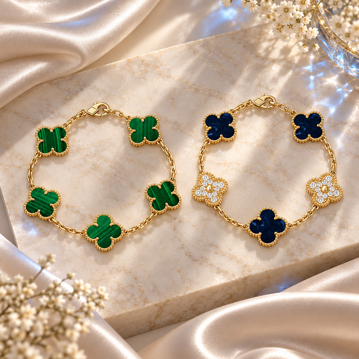 [Oakjuri™ Jewelry] ]Clover 5-Motif Malachite & Pietersite Bracelet Stack Set