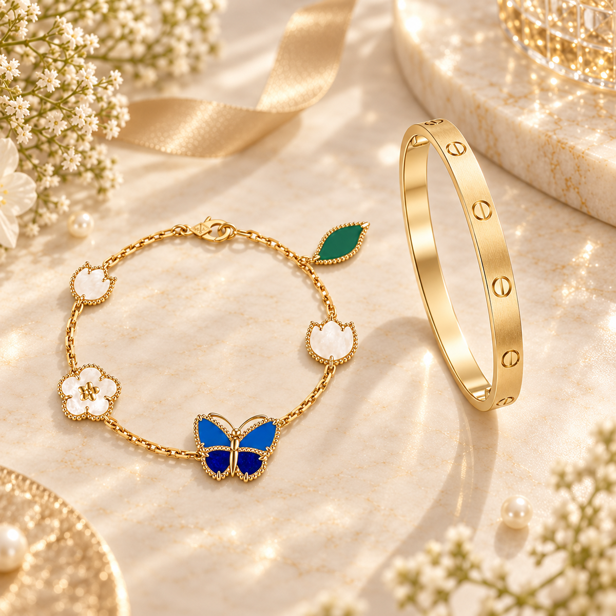[Oakjuri™ Jewelry] ] LOVE Brushed & Lucky Spring Butterfly 5-Motif Bracelet Stack Set