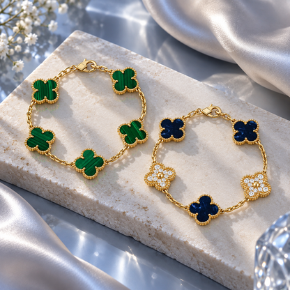 [Oakjuri™ Jewelry] ]Clover 5-Motif Malachite & Pietersite Bracelet Stack Set