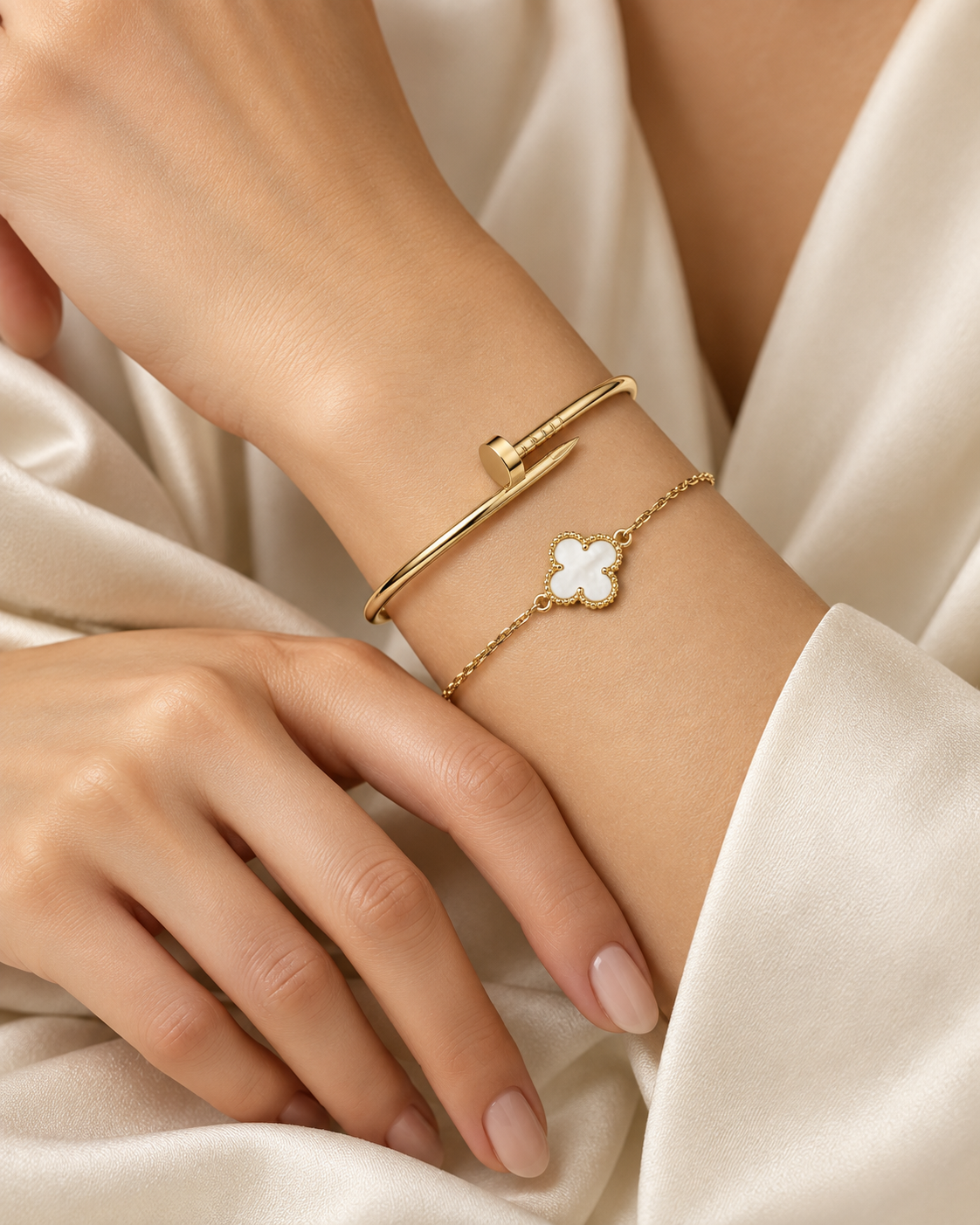 [Oakjuri™ Jewelry] ] Clover White Mother-of-Pearl & JUSTE Bracelet Stack Set