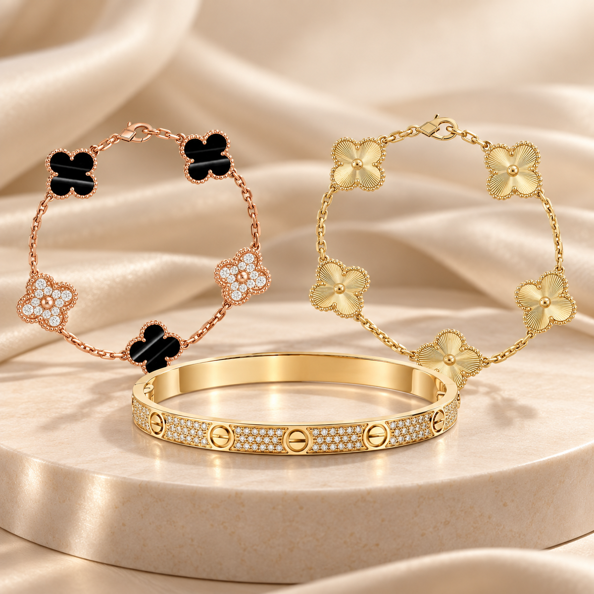[Oakjuri™ Jewelry] ]Clover Laser  Pulsar Stone 5-Motif & LOVE Diamond-Paved Bracelet Stack Set