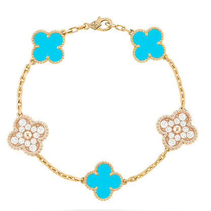 [Okajuri Jewelry]CLOVER 5 MOTIF TURQUOISE DIAMOND GOLD BRACELET