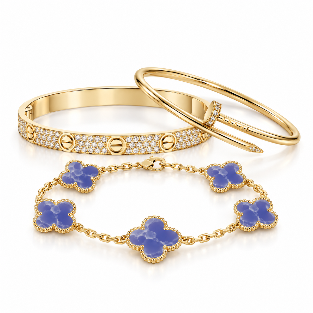 [Oakjuri™ Jewelry] ] LOVE & JUSTE & Blue Veins Clover 5-Motif Diamond Bracelet Stack Set