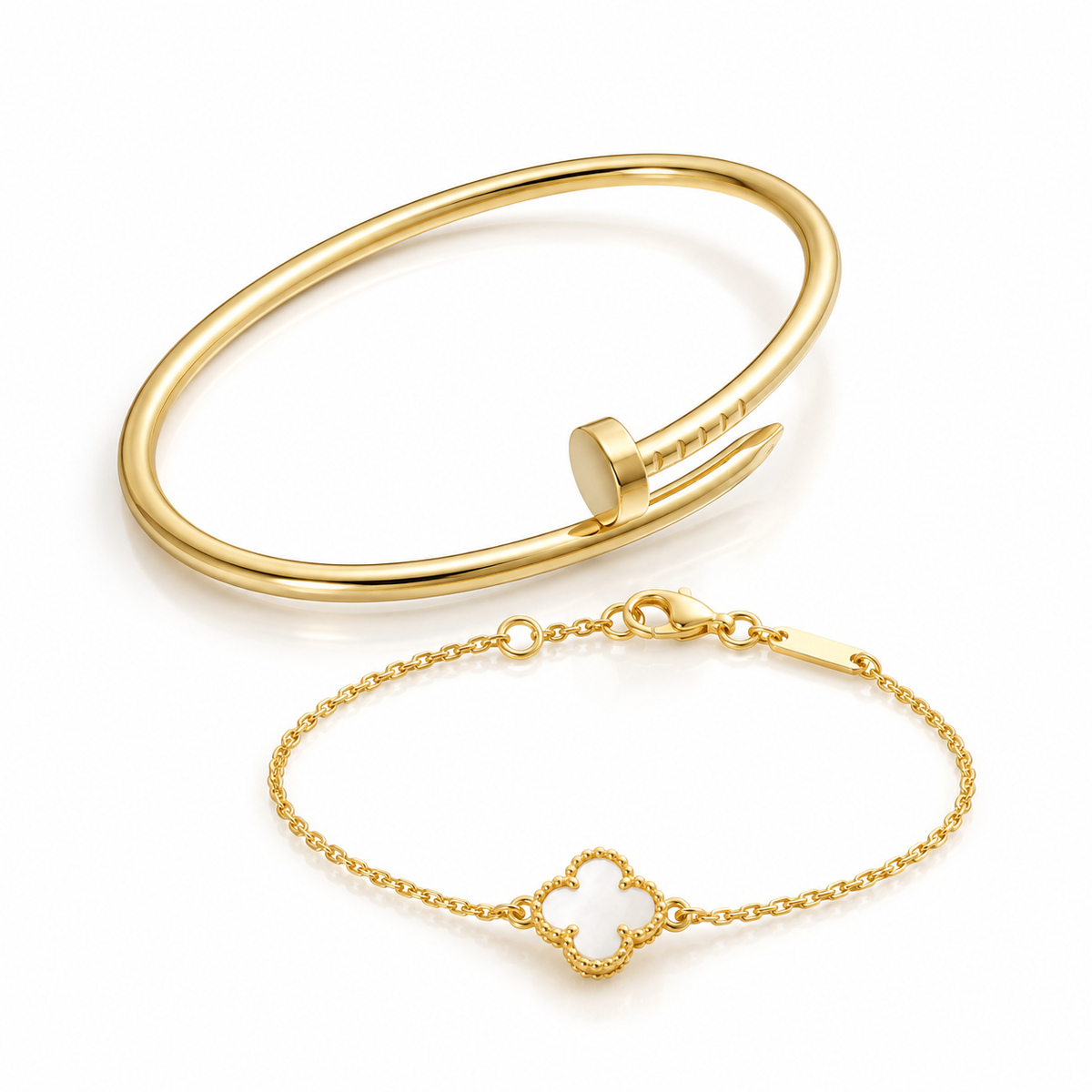 [Oakjuri™ Jewelry] ] Clover White Mother-of-Pearl & JUSTE Bracelet Stack Set