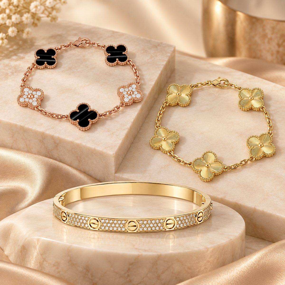 [Oakjuri™ Jewelry] ]Clover Laser  Pulsar Stone 5-Motif & LOVE Diamond-Paved Bracelet Stack Set