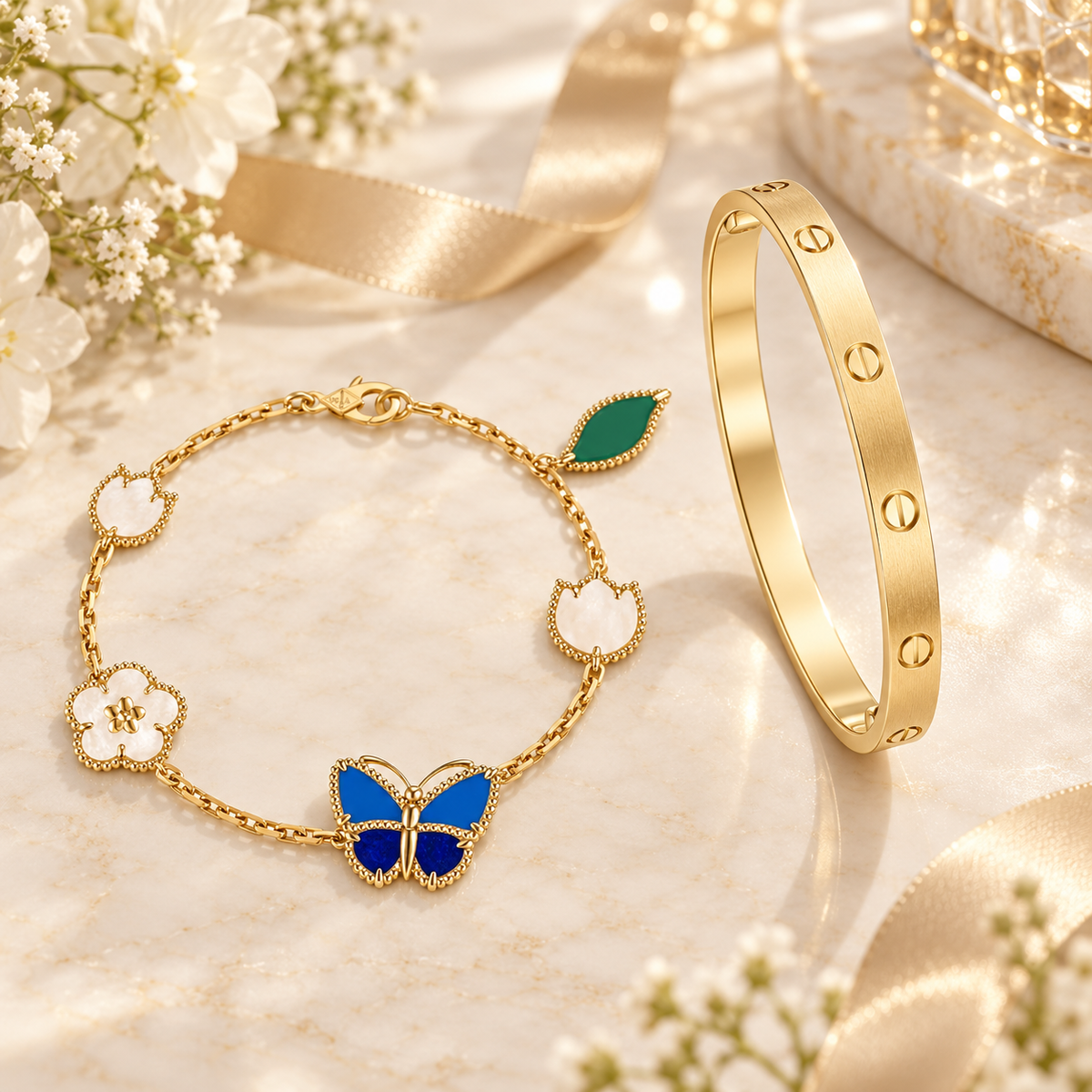 [Oakjuri™ Jewelry] ] LOVE Brushed & Lucky Spring Butterfly 5-Motif Bracelet Stack Set