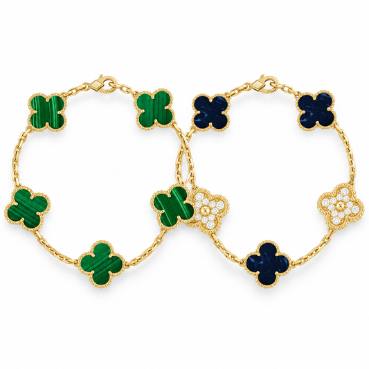 [Oakjuri™ Jewelry] ]Clover 5-Motif Malachite & Pietersite Bracelet Stack Set